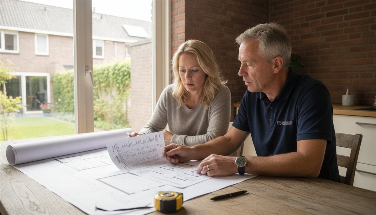 Huiseigenaren en aannemer controleren samen de aanbouw-offerte en bouwtekening aan de keukentafel