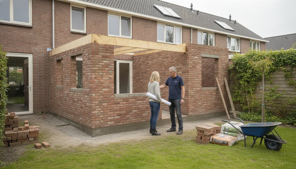 Aannemer en bewoners bij de bouwplaats van de aanbouw met fundering en ruwbouw aan de achtergevel
