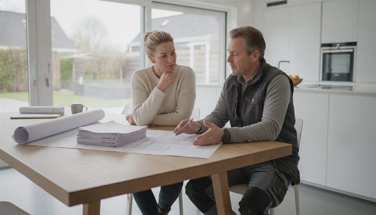 Huiseigenaresse en aannemer controleren samen de aannemersofferte en bouwtekening aan de keukentafel