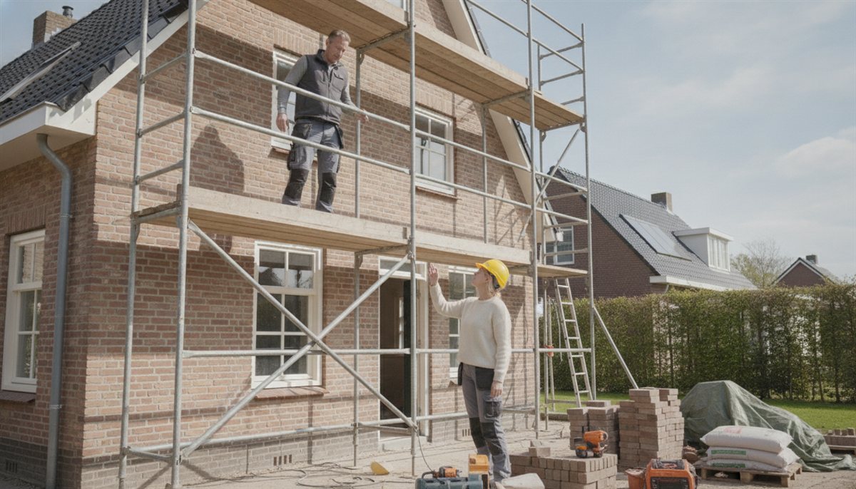 Aannemer werkt op de steiger aan de verbouwing terwijl de opdrachtgeefster met bouwhelm toekijkt