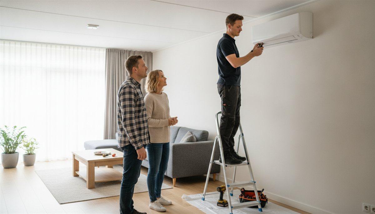 Monteur installeert de binnenunit van de airco aan de wand terwijl het stel toekijkt