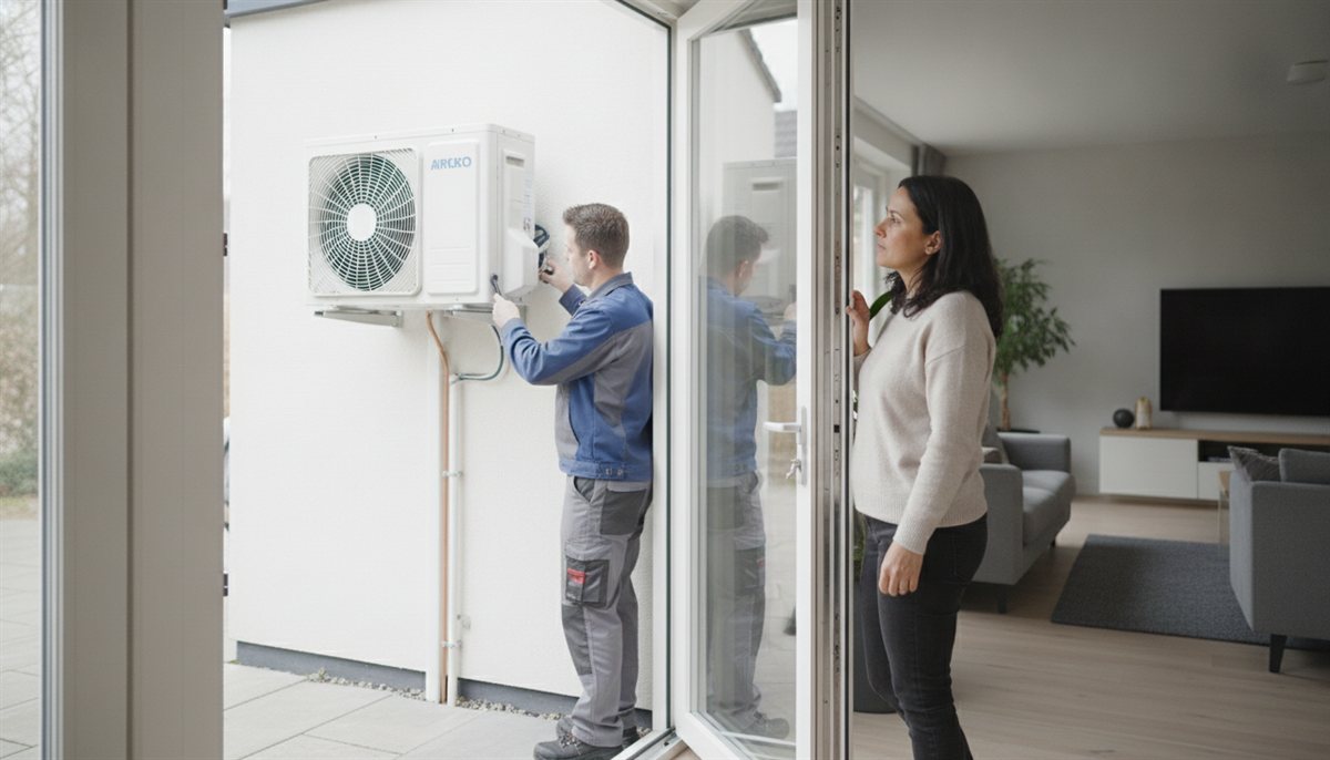 Monteur installeert de buitenunit van de airco aan de gevel terwijl de klant toekijkt