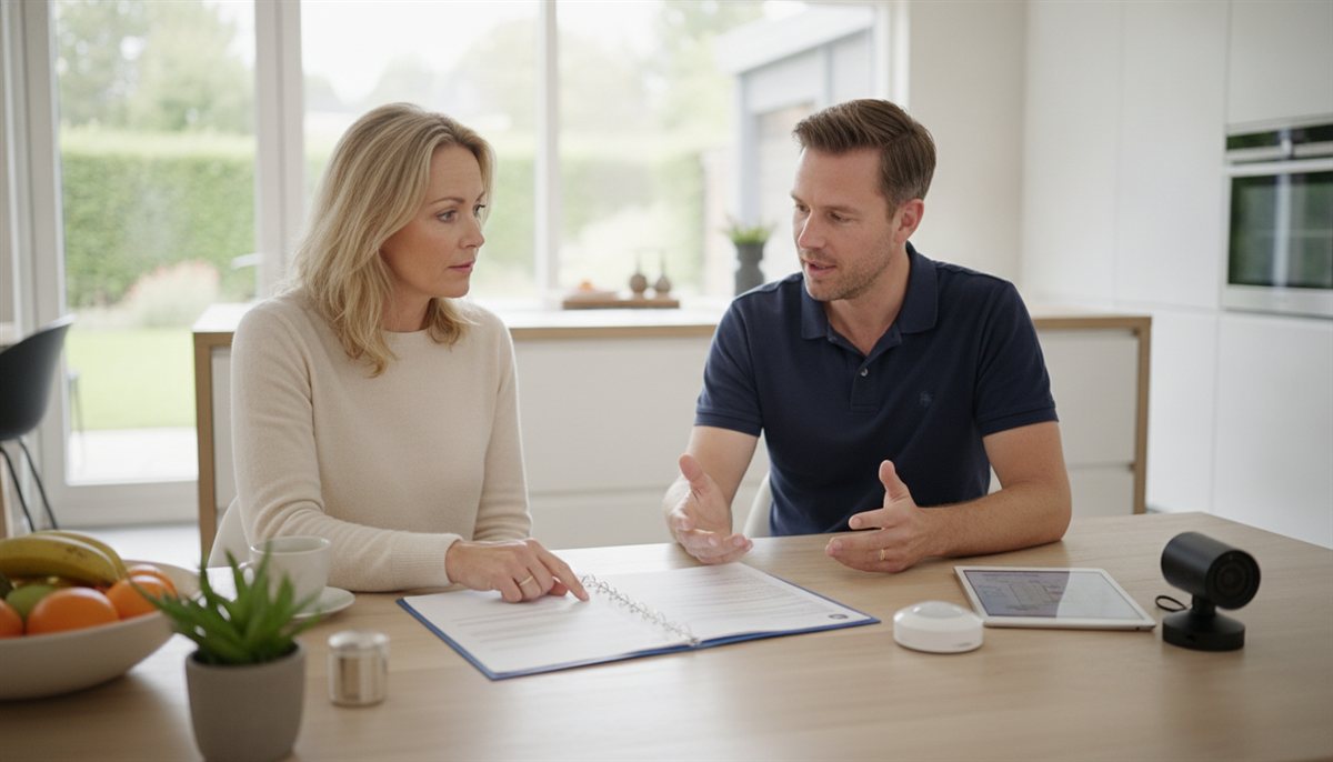 Huiseigenaresse en beveiligingsadviseur bekijken samen de alarmsysteem-offerte aan de keukentafel met sensoren en camera op tafel