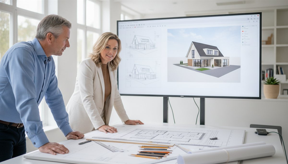 Architect toont schetsen en een 3D-ontwerp op een groot scherm terwijl de opdrachtgever meekijkt