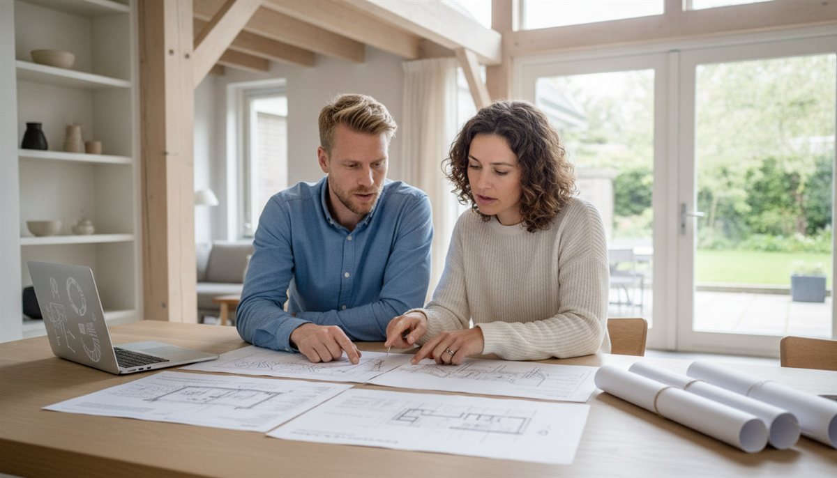 Stel legt meerdere architect-offertes en ontwerpschetsen naast elkaar aan de eettafel