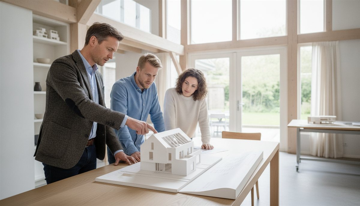 Stel bekijkt een maquette en plattegrond met een architect in een licht architectenkantoor