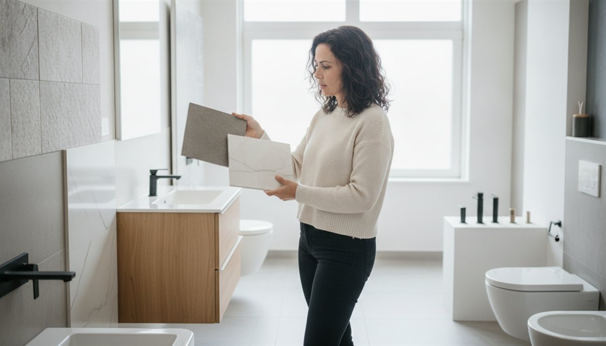 Vrouw vergelijkt tegels en sanitair in een badkamershowroom om de offertes te kunnen beoordelen