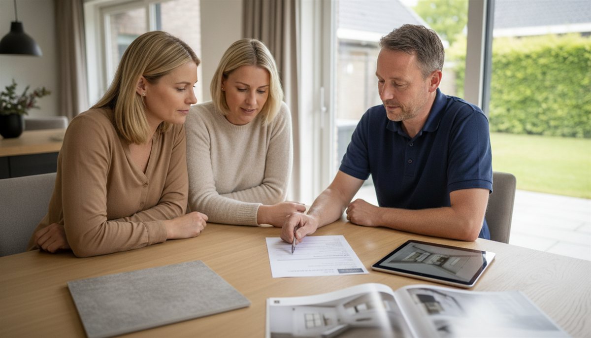 Stel en badkamerinstallateur bekijken samen de offerte voor de badkamerrenovatie aan de keukentafel