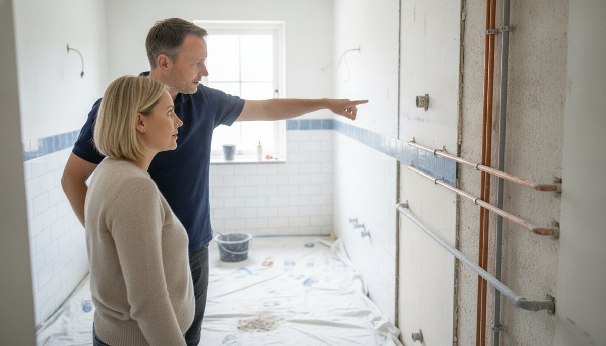 Installateur toont het tegelwerk en de leidingen in de halverwege gestripte badkamer terwijl het stel toekijkt