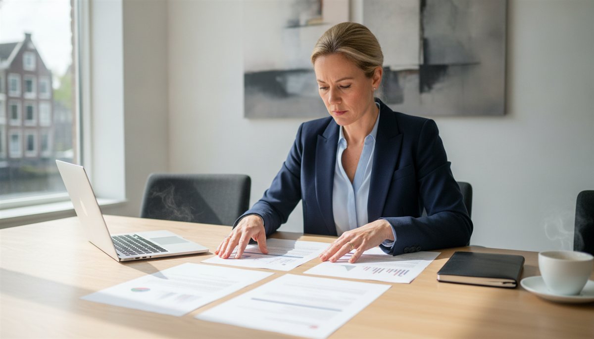 VvE-bestuurslid legt in een vergaderruimte meerdere beheercontract-offertes naast elkaar om ze te vergelijken