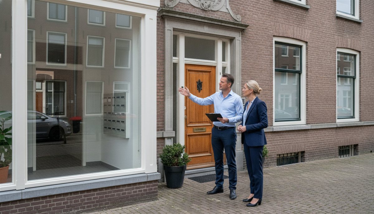 Beheerder bespreekt bij de entree van een appartementencomplex het gebouw met een VvE-bestuurslid