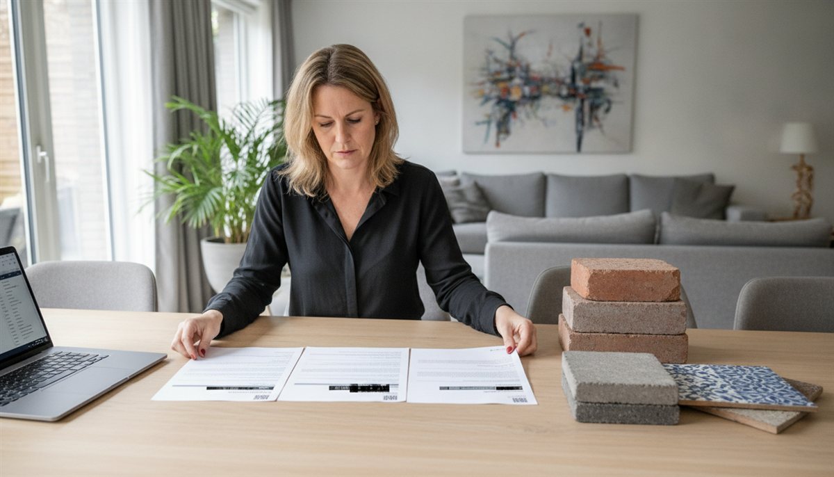Huiseigenaresse vergelijkt drie bestrating-offertes met bestratingsmonsters naast elkaar aan tafel