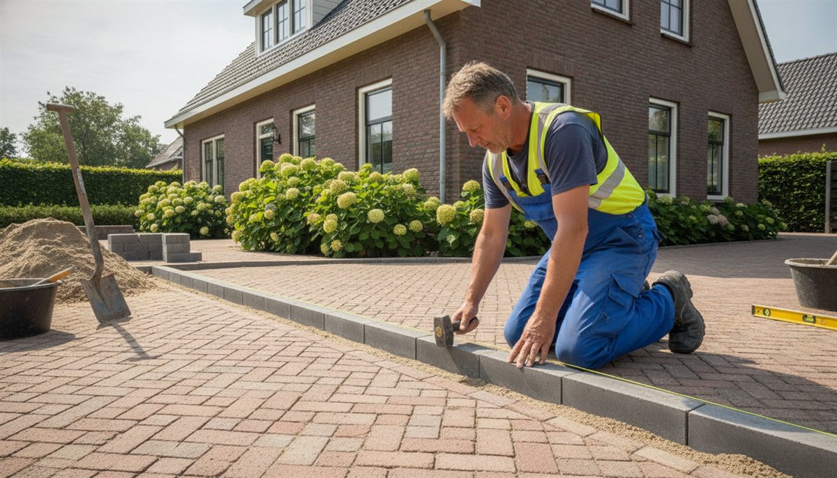 Stratenmaker legt een oprit aan met opsluitbanden langs de rand van de bestrating