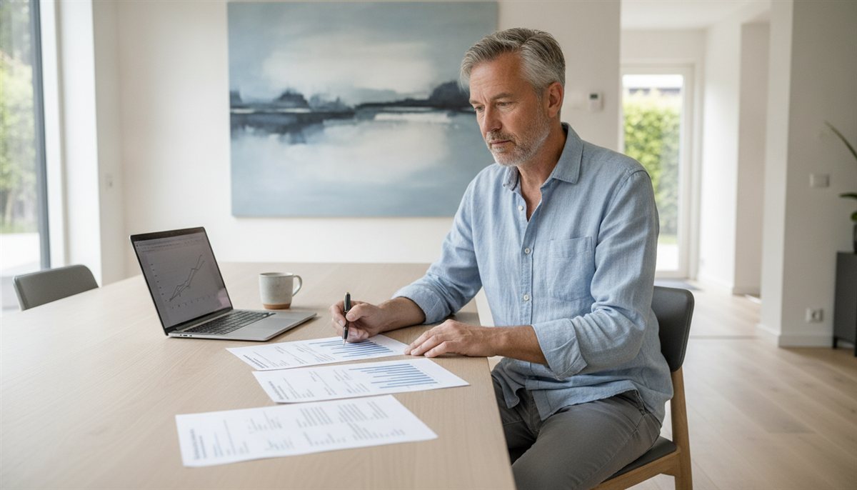 Huiseigenaar legt drie beveiliging-offertes naast elkaar aan de eettafel met laptop