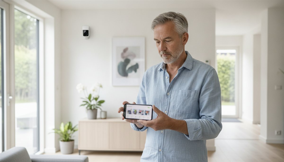 Bewoner bekijkt de beveiliging en camerabeelden op een smartphone-app in huis