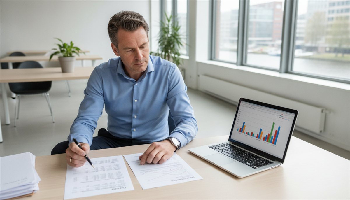 Ondernemer legt meerdere boekhoud-offertes naast elkaar op kantoor met een laptop met cijfers