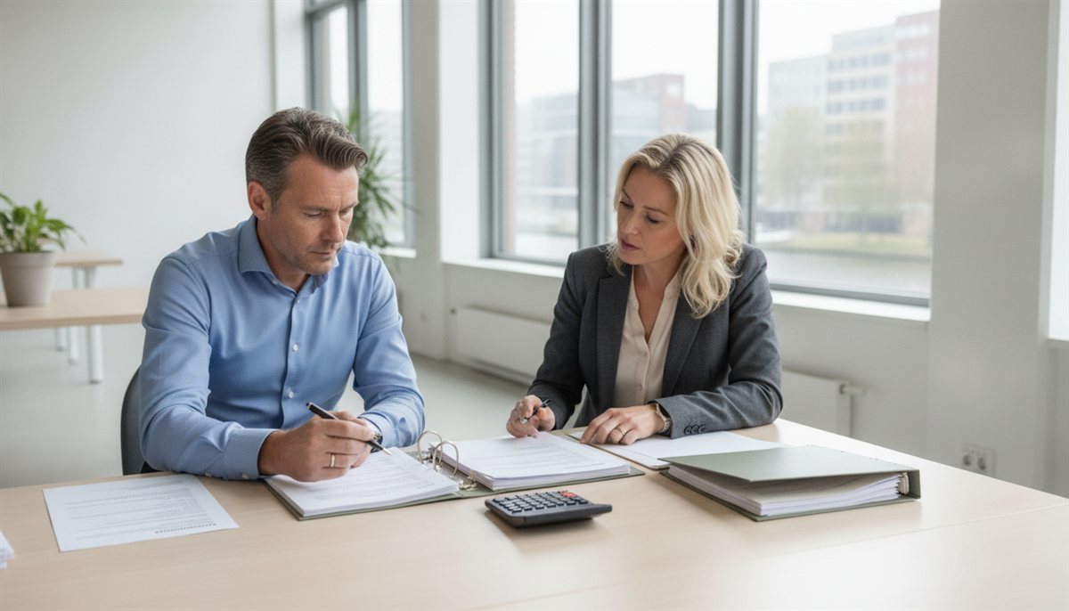 Twee mensen bespreken boekhoud-offertes en cijfers aan een vergadertafel met een rekenmachine en mappen
