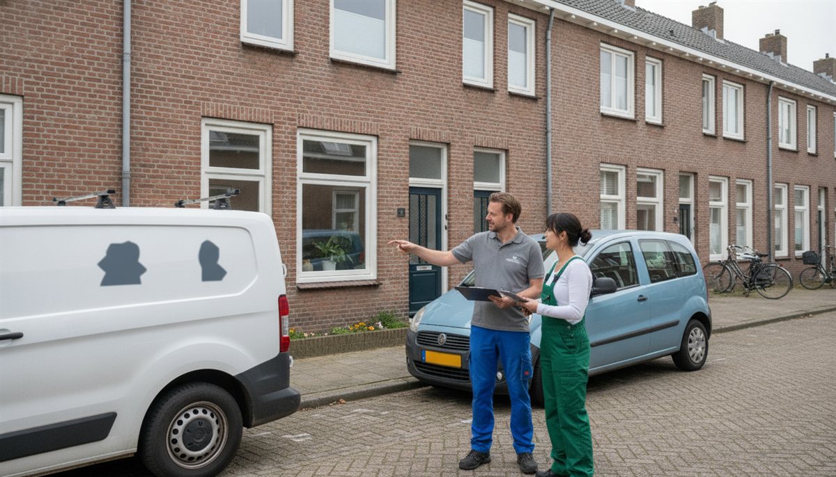 Huiseigenaar in gesprek met twee verschillende aannemers in afwijkende werkkleding voor zijn woning