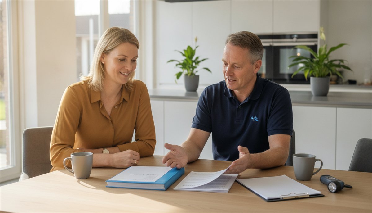 Stel neemt de offerte voor een bouwkundige keuring en het bouwkundig rapport door met de keurder aan tafel