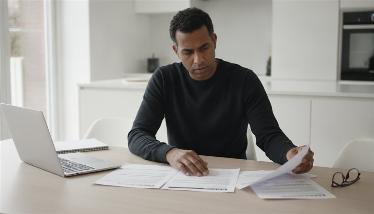 Man legt meerdere offertes voor een bouwkundige keuring naast elkaar aan tafel met laptop