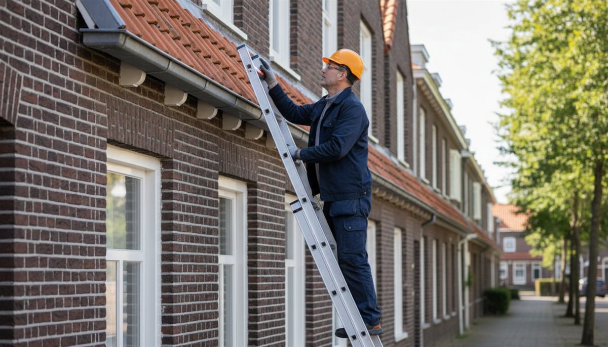 Bouwkundig keurder inspecteert met een ladder het dak en de dakgoot van een woning