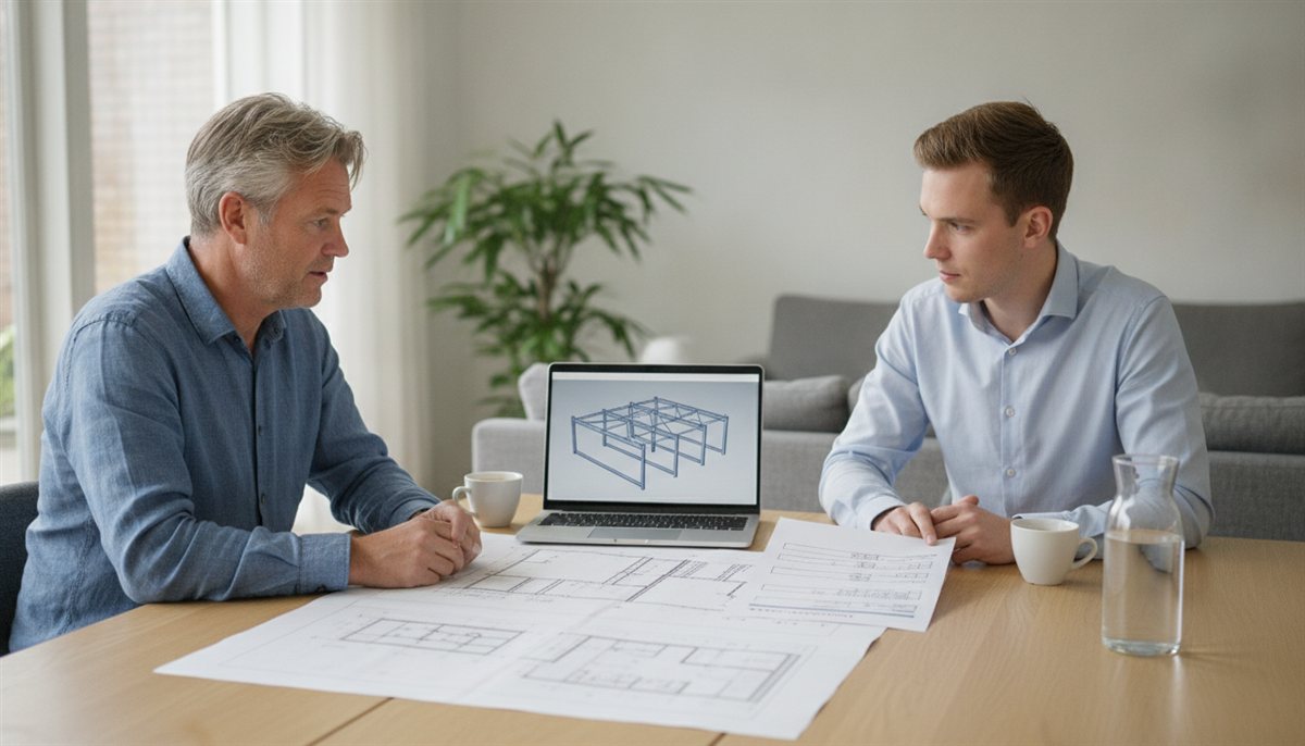 Huiseigenaar en constructeur nemen samen de constructeur-offerte en het 3D-constructiemodel door op een laptop