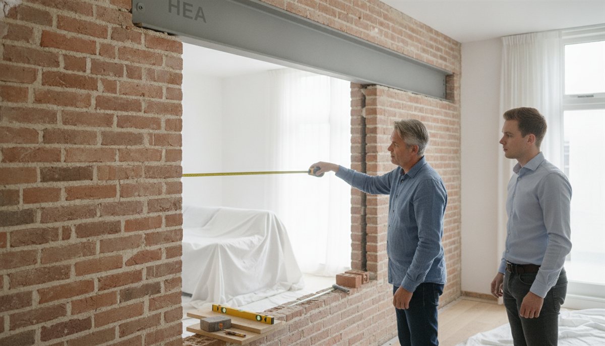 Constructeur inspecteert ter plaatse een dragende muur en stalen ligger terwijl de huiseigenaar meekijkt