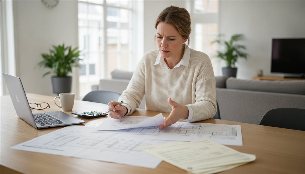 Huiseigenaresse legt meerdere constructeur-offertes en constructietekeningen naast elkaar aan tafel