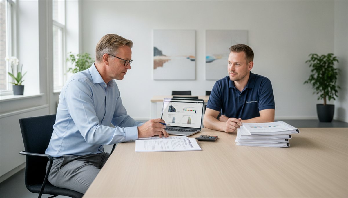 Onderhoudsmanager van een woningcorporatie beoordeelt samen met een accountmanager van een aannemer een onderhoudsraamcontract in een kantoor