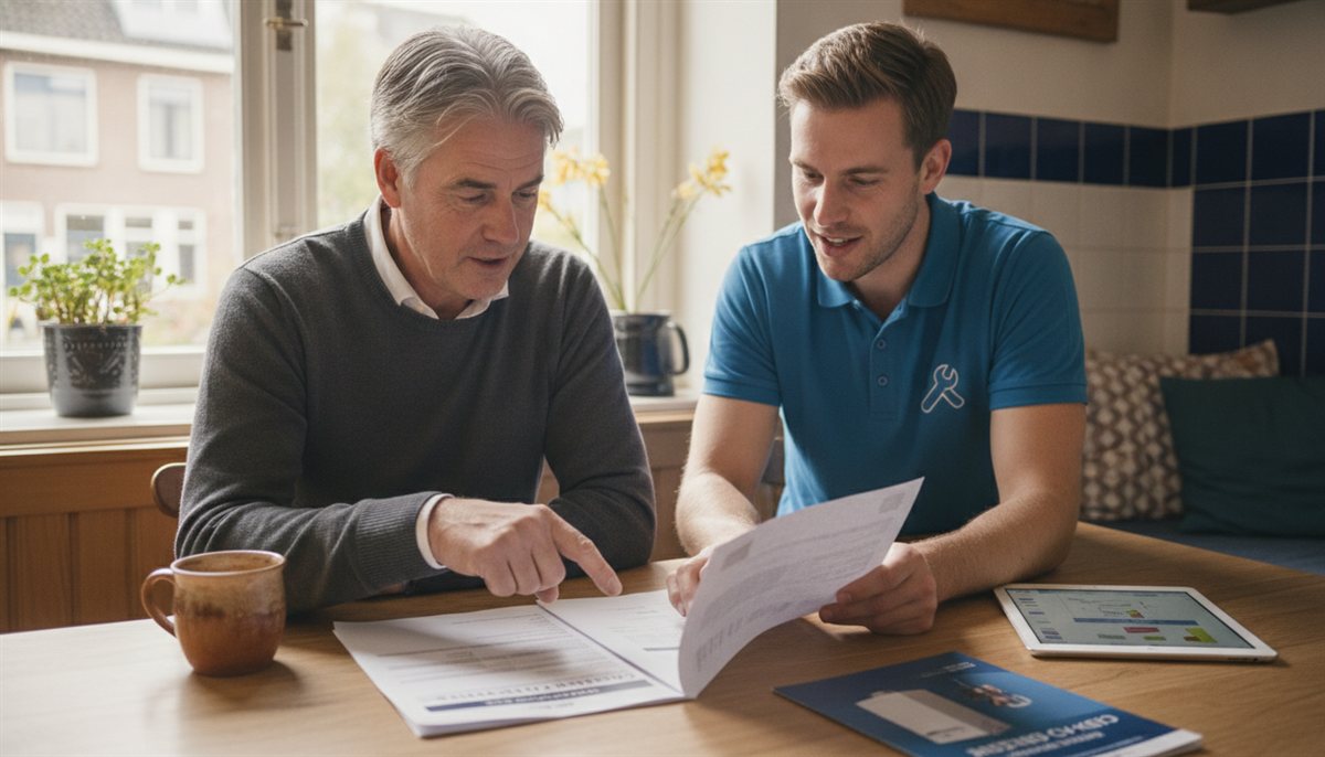 Huiseigenaar en cv-monteur bekijken samen de cv-ketel-offerte aan de keukentafel