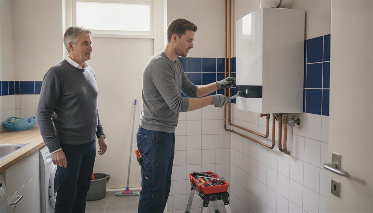 Cv-monteur installeert een nieuwe HR-ketel aan de wand terwijl de huiseigenaar toekijkt