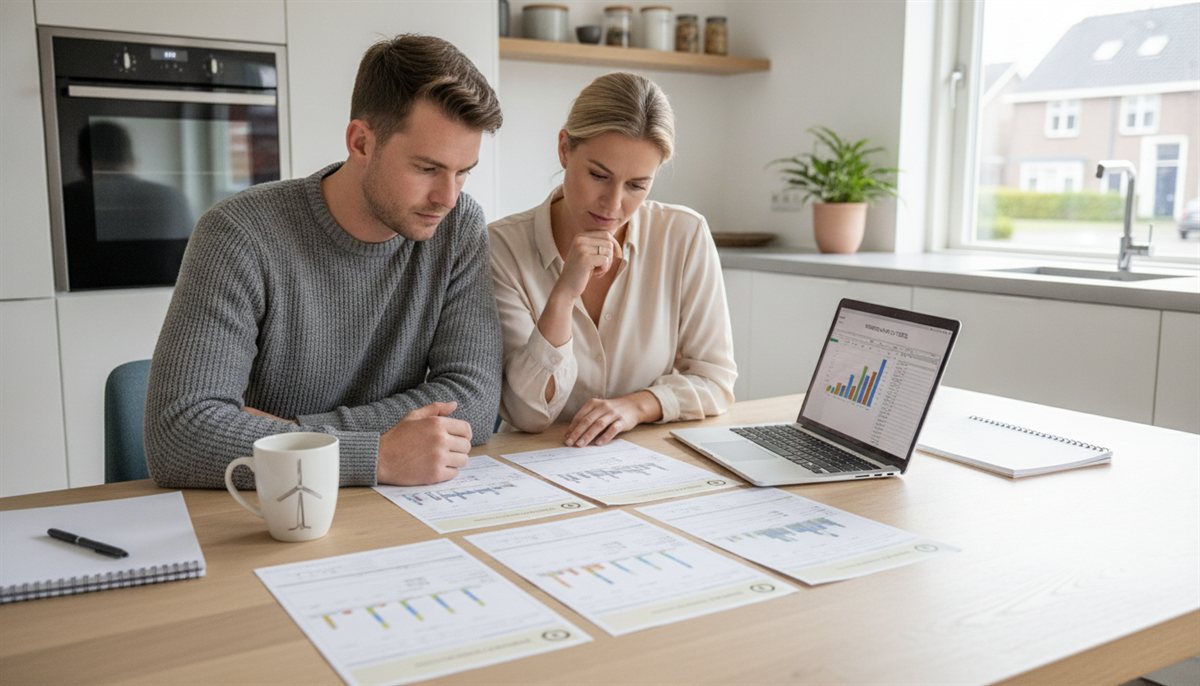 Jong stel vergelijkt meerdere cv-ketel-offertes naast elkaar aan de keukentafel