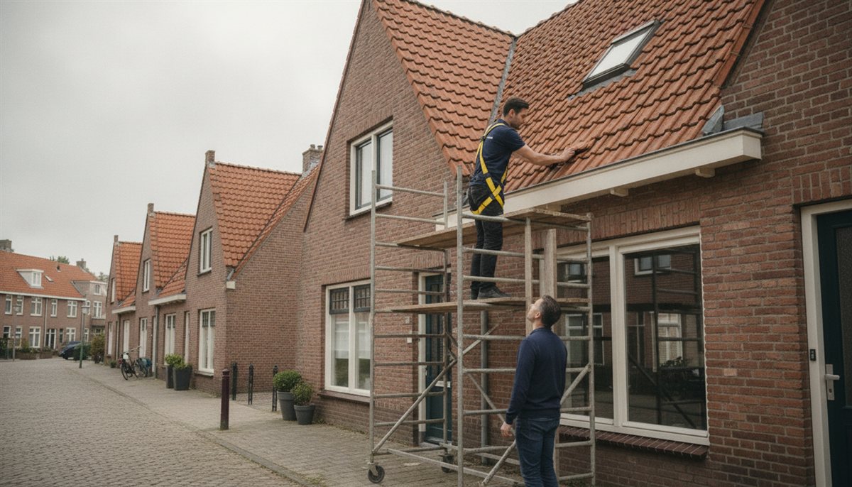 Dakdekker werkt op de steiger aan een hellend dak terwijl de huiseigenaar vanaf de grond toekijkt