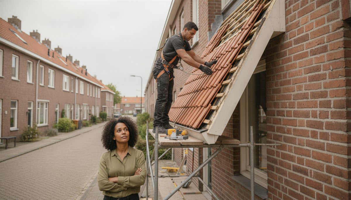 Dakdekker legt nieuwe dakpannen op de steiger terwijl de huiseigenaar vanaf de grond toekijkt