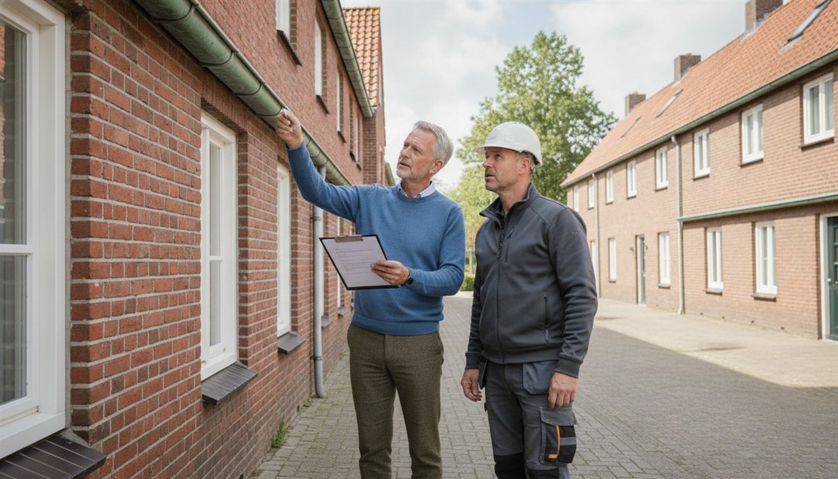 Huiseigenaar en dakdekker bekijken samen de dakgoot-offerte buiten bij de woning met zicht op de bestaande goot