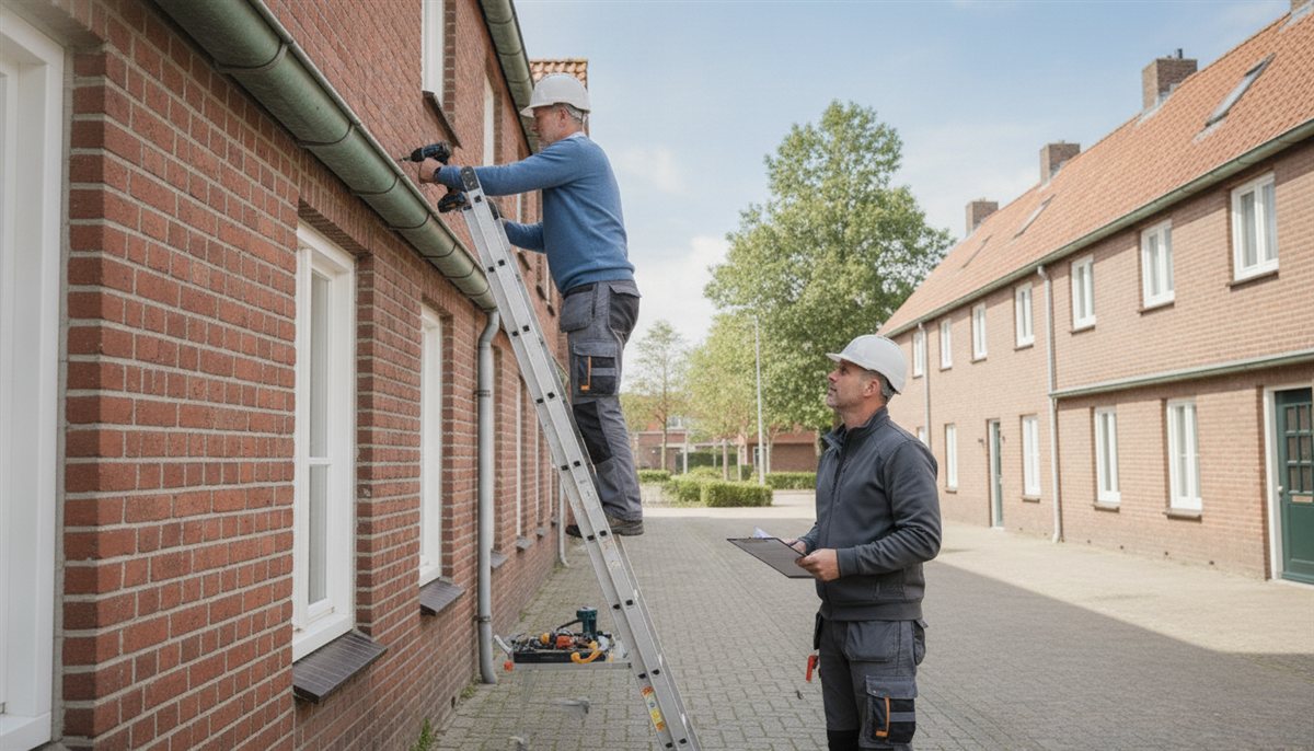 Dakdekker op een ladder vervangt een zinken dakgoot terwijl de huiseigenaar vanaf de grond toekijkt