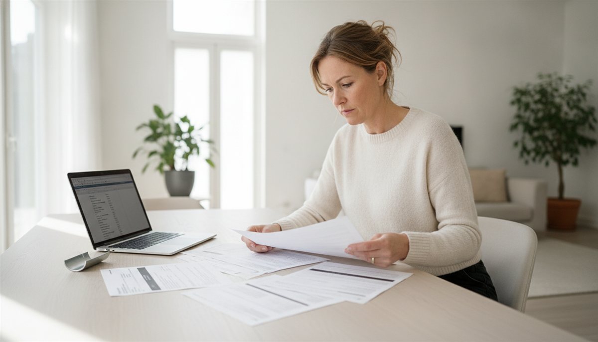 Huiseigenaresse legt thuis meerdere dakgoot-offertes naast elkaar aan de eettafel met laptop