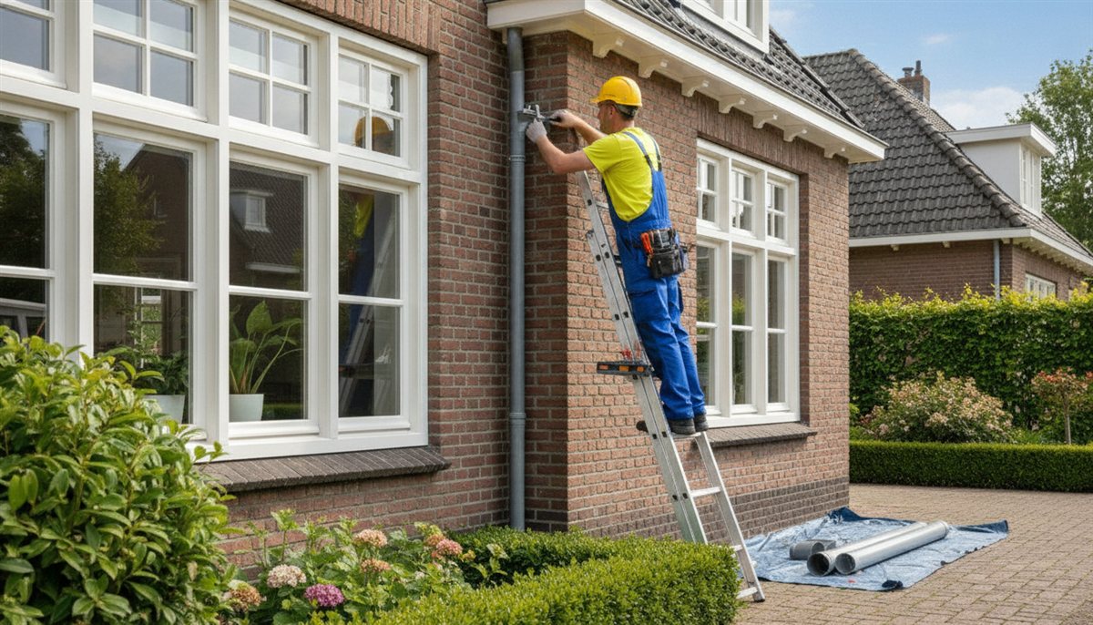 Monteur sluit een hemelwaterafvoer en regenpijp aan op de gevel van de woning