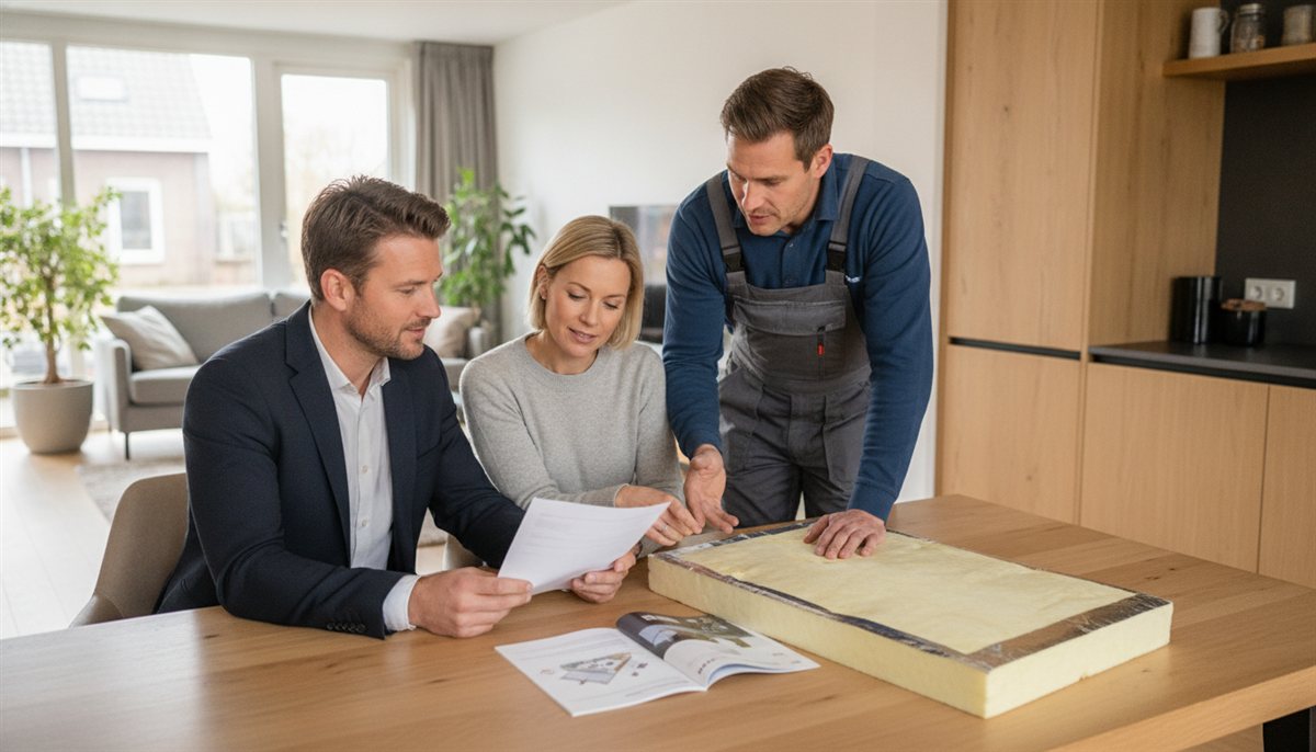 Huiseigenaren en isolatiespecialist controleren samen de dakisolatie-offerte aan de keukentafel