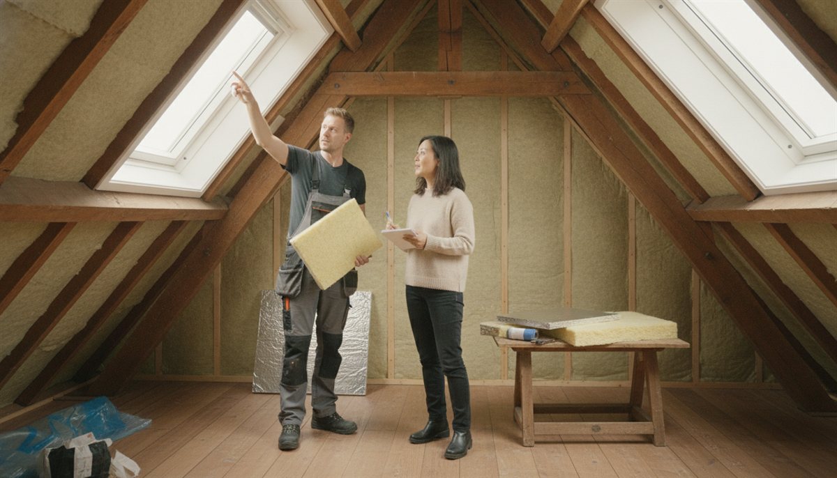 Huiseigenaar bekijkt op zolder met de isolatiespecialist verschillende isolatieplaten als materiaalstaal
