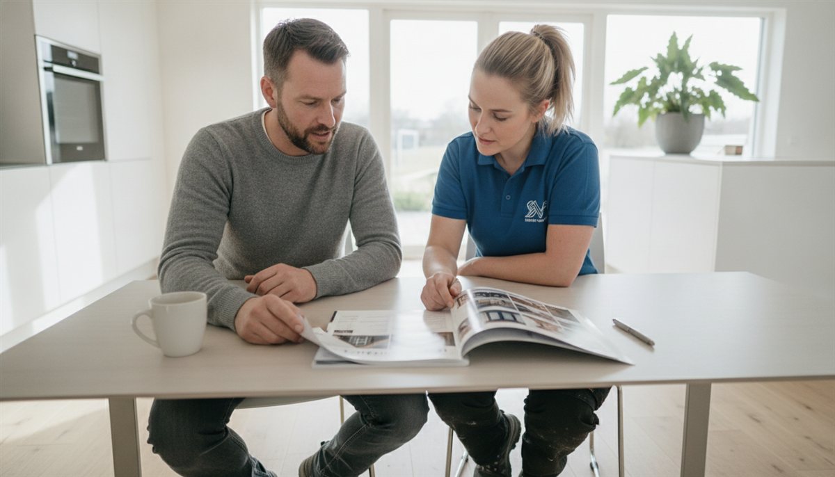 Huiseigenaar en dakkapel-adviseuse controleren samen de dakkapel-offerte en brochure aan de keukentafel