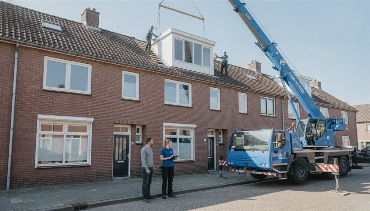 Kraan hijst prefab dakkapel op het dak terwijl huiseigenaar en adviseuse met tablet vanaf de straat toekijken