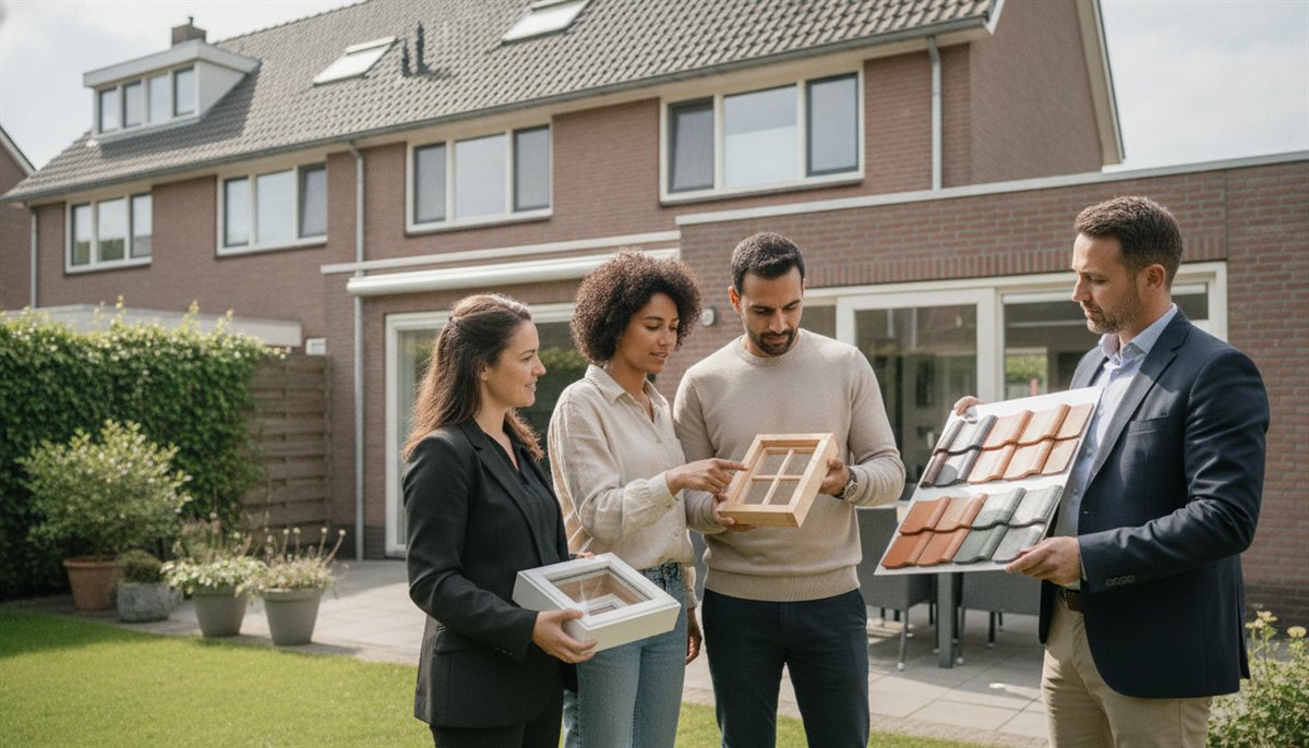 Stel bekijkt in de tuin dakkapel-voorbeelden en monsters met twee verschillende aanbieders