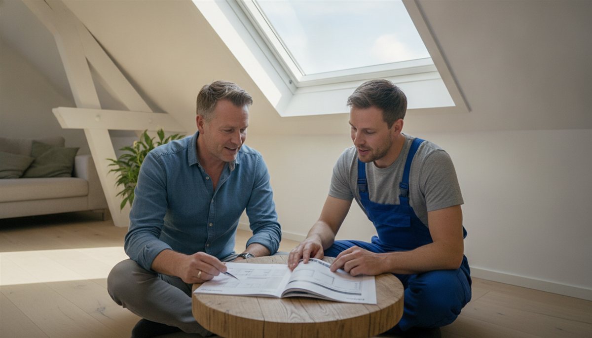Huiseigenaar en dakraam-installateur bekijken samen de offerte op zolder bij een bestaand dakraam