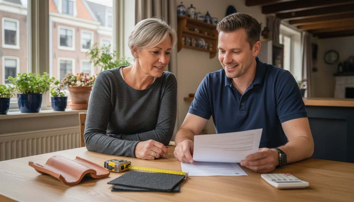 Huiseigenaar en dakdekker bekijken samen de dakwerken-offerte aan de keukentafel