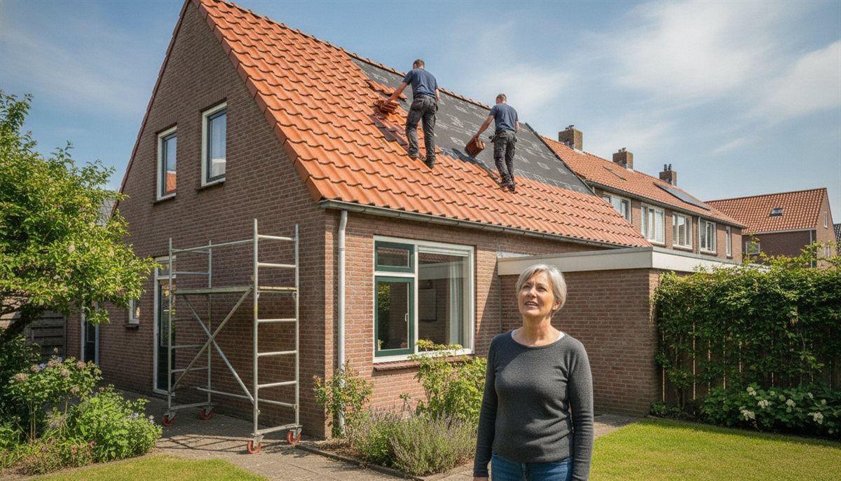 Dakdekkers vervangen de dakbedekking met nieuwe pannen op een hellend dak terwijl de huiseigenaar toekijkt