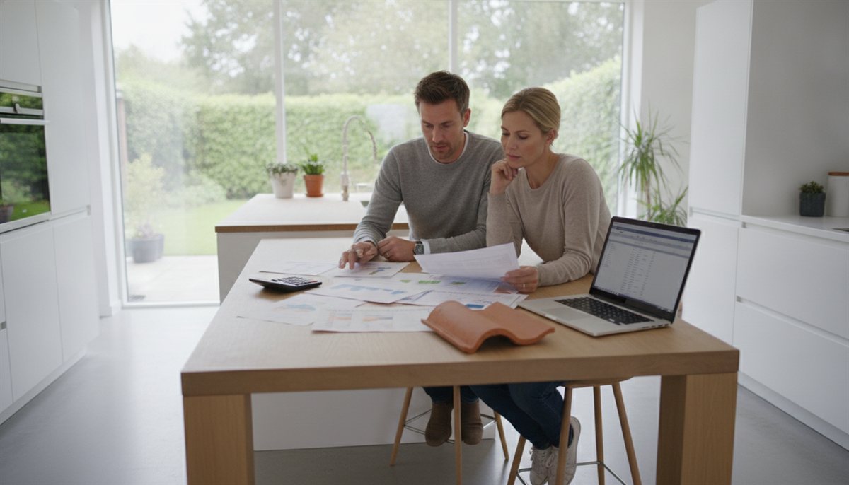 Stel vergelijkt meerdere dakwerken-offertes naast elkaar aan de keukentafel