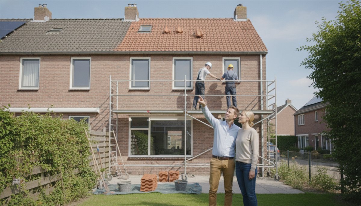 Het gekozen dakbedrijf vervangt de dakbedekking met nieuwe pannen terwijl het stel toekijkt