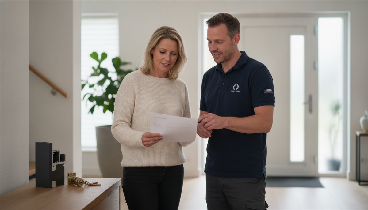 Huiseigenaresse en deurspecialist bekijken samen de deuren-offerte met een deurprofiel en cilinder bij de voordeur