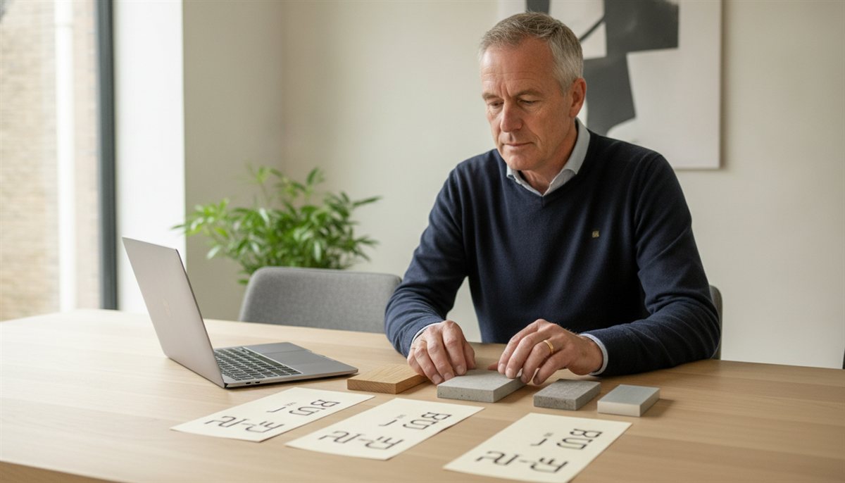 Huiseigenaar legt meerdere deuren-offertes en deurstalen naast elkaar aan de eettafel met laptop